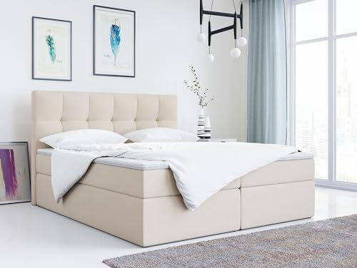 MKS MEBLE Boxspringbett 140x200 mit Bettkasten, Bett mit Multipocket - Matratze H3 Topper, Polsterbett 140x200 mit Bettkasten Kopfteil, Boxspringbett mit Matratze H3, RICO - Creme Velvet