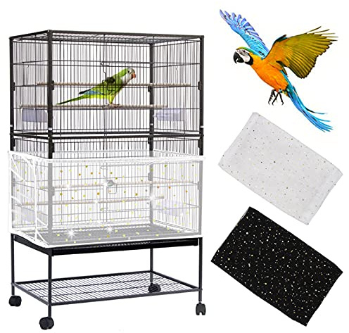 Mngren 2 Stück Einstellbar Vogelkäfig Abdeckung, Groß Vogelkäfig Samenfänger, Papageien Kordelzug Vogelfutter Kleintiere Netz, Abdeckung Rock Bewachen für Runde Quadratische Käfige(Weiß + Schwarz)