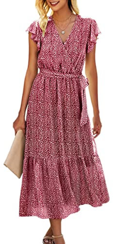 ASOMI Kleid Damen Sommer Boho: Blumen Herbst Wickelkleid Frühling Mode Lang Maxikleid V-Ausschnitt Casual Kurzarm Strandkleid Langarm Rüschen Freizeitkleid mit Gürtel 121 Rot 38