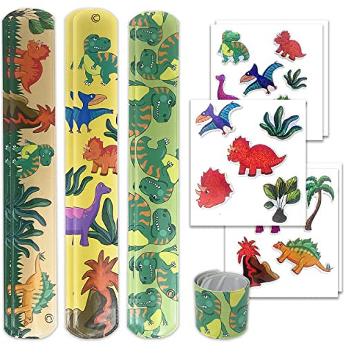 TOBJA Dinosaurier Schnapparmband Sticker Set - Knickarmbänder + Aufkleber Dino 5er Set | Klatscharmband für Jungen Kindergeburtstag Mitgebsel | Armband Kinderparty Giveaway Gastgeschenk (5X Dino)