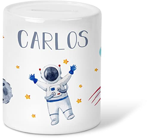 GRAVURZEILE Spardose für Kinder - Astronaut Design - mit Namen personalisiert - Geschenk für Jungen & Mädchen zum Geburtstag Kommunion Geburt Einschulung Weihnachten - Geschenk für Kinder zum sparen