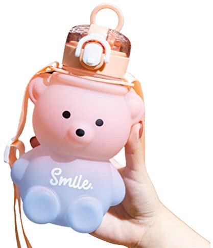 Eeneme Botella de agua de paja de oso con correa para el hombro, portátil, Kawaii Little Water para mujeres y niñas (800 ml)