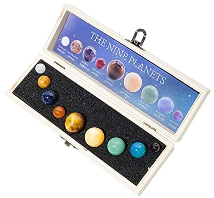 Amagogo 9 X 9 Planeten, Set Aus Natürlichen Edelsteinen, Kristalle mit Holzkiste, Kreative Geschenk Deko für Den Schreibtisch