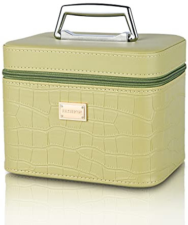 Sluxa Modische Make-up-Box, tragbarer harter Kosmetikkoffer aus Leder mit Spiegel, Kosmetikbox mit großem Fassungsvermögen, professionelle Zugkoffer, Make-up-Box für Frauen und Erwachsene., Grün , L,