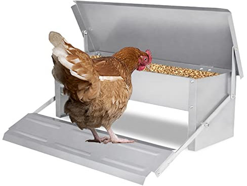 YRHome Hühner Futterautomat 5KG Futterspender Hühnerfutterautomat aus Verzinkter Stahl Automatischer Hühner Futtertrog mit Rattensicher Füßen Pedal, Wasserfest Deckel Hält ür Geflügel Enten Hühner