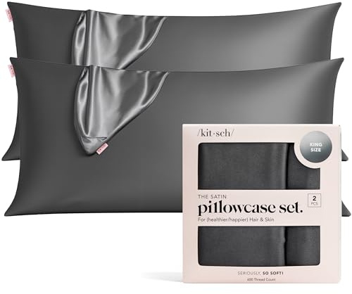 Kitsch 100% Satin Pillowcase with Zipper, Softer Than Silk Pillowcase for Hair & Skin, Cooling Pillow case, Satin Pillow Case Cover (King (2 Pack), Charcoal)