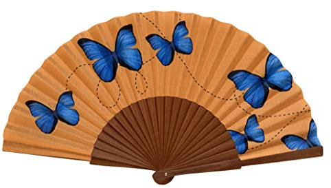Tusitala Barcelona Handfächer Blauer Schmetterling - Aus Holz und Baumwolle - 100 % spanisches Handwerk - Inklusive natürlicher Jutetasche - Handgefertigtes Modeaccessoire - 23 cm.