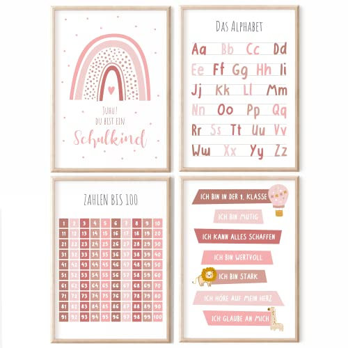 MeinBaby123® pädagogische Lernplakate Lernposter | Bilder Kinderzimmer | 4er Set A4 Poster Set | Alphabet ABC, Zahlen | Vorschule, Grundschule | Wandposter Premium (Lernposter - 4er Set rosa)