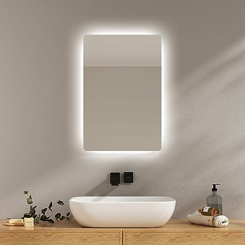 EMKE Badspiegel mit Beleuchtung 40x60cm, Badezimmerspiegel mit Beschlagfrei, 2 Lichtfarbe Warmweiß/Kaltweiß, Kippschalter, IP44 energiesparend Explosionsgeschützte Spiegel