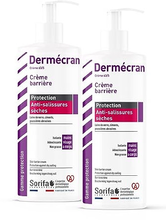 SORIFA - Lot de 2 – Dermécran – Crème barrière - Protection ANTI-SALISSURES SECHES – Laine de verre – ciment - poussière – Mains, visage et corps – Haute tolérance – Flacon pompe 500 ml.