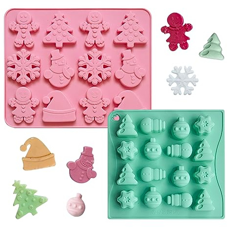 2 Stücke Weihnachtsformen Weihnachtsbaum Lebkuchen Mann Harz Schokoladenform Schneemann Schneeflocken Silikon Backformen Eiswürfelschalen für DIY Kuchen Dekoration Kerze Seife Muffin Fondant Jelly