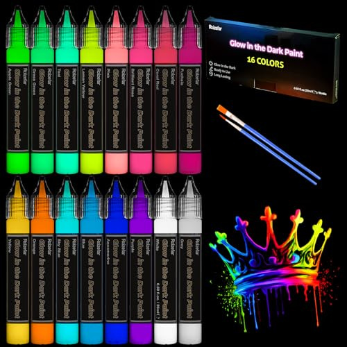 Roizefar Pintura para tela, 16 colores que brillan en la oscuridad, pintura textil acrílica permanente 3D (20 ml/0.7 onzas), pintura de tela de neón para ropa, lienzo, camiseta, ideal para suministros