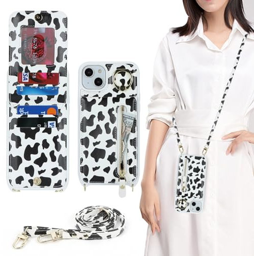 Zouzt for iPhone 14 Case with Cord iPhone 13 Card Holde Case iPhone 14 Zipper Wallet Case iPhone 13 Case with Lanyard Ring Adjustable Necklace Phone Cover for Women 6.1 Inch - Cow Print Black