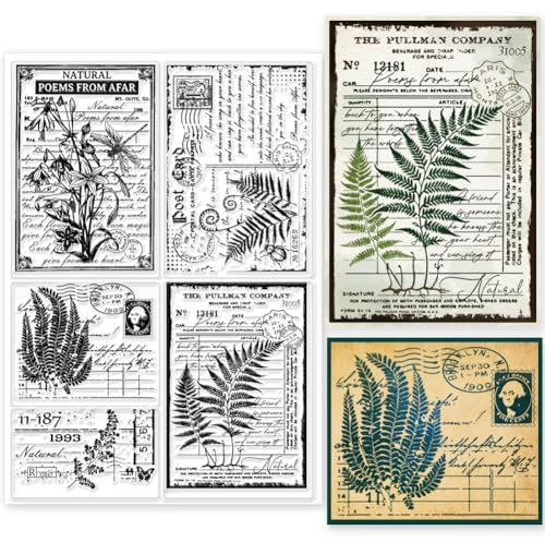 GLOBLELAND Transparente Stempel Mit Vintage Blattpflanzen Hintergrund 5.8x8.3 Zoll Retro Text Silikon Transparente Stempelsiegel Für DIY Scrapbooking Karten Fotoalbum Tagebuch