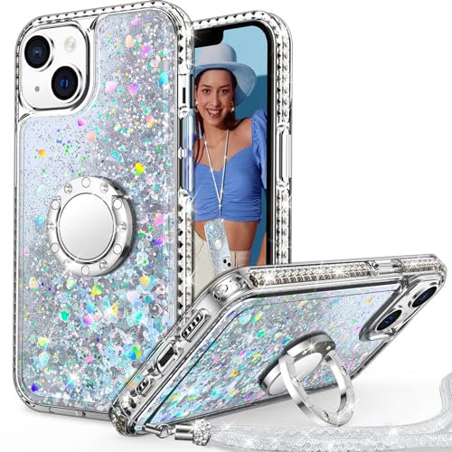 Unlicaku for iPhone 13 Case, with Ring Women Girls Bling Holographic Sparkle Glitter Cute Cover, Diamond Ring Protective Phone Case for iPhone 13, Clear Silver