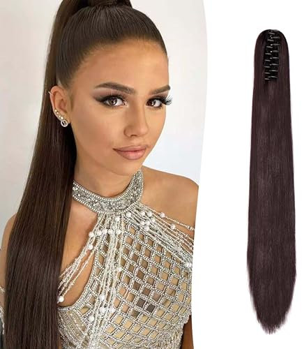 Gairyan 60cm Cola de Caballo Extensiones Pelo Natural Coleta Postiza Lisa con Pinza Extensiones Coleta Larga con Pinza Extensiones de Cabello Postiza Pelo Sintético - Vino Tinto