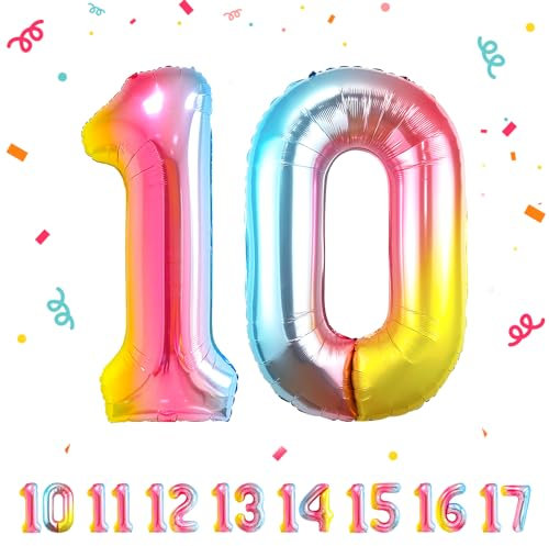 10 Geburtstag Deko zahlen luftballon 10 jahre | Folienballon Regenbogen - für 10. Geburtstagsdeko Männer Frauen Ballon Zahl Deko zum Geburtstag fliegt mit Helium 10.Geburtstagsparty 40-101cm