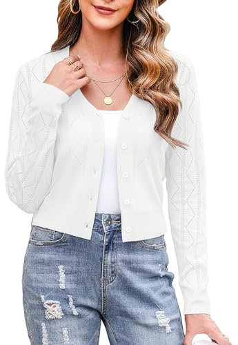 Irevial Boléro Femme Cardigan Tricoté à Manches Longues Gilet Court avec Boutons Col en V Chic et Décontracté