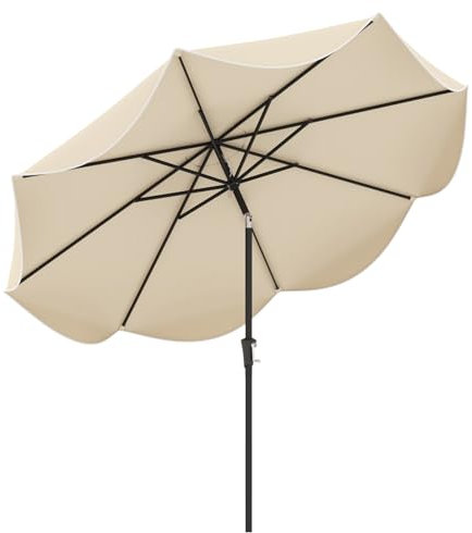 COSTWAY 9FT/2.7M Patio Parasol, 8 Ribs Heavy-Duty Sun Shade Canopy with Crank Handle, Push Button Tilt & Ruffled Edges, Outdoor Waterproof 2-Tier Market Table Umbrella for Beach Balcony Pool (Beige)