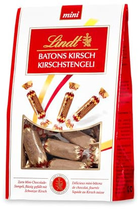 Lindt Batons Kirschstengeli | 120g Packung | ca. 15 Stück | Vollmilchschokolade flüssig gefüllt mit Schweizer Kirschlikör | Pralinen-Geschenk mit Alkohol | Schokoladengeschenk