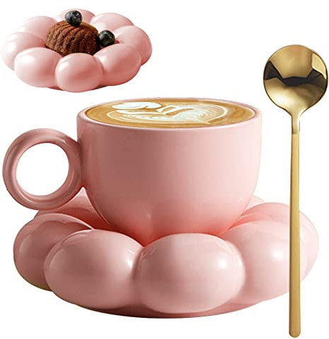 Tasse nuage rose, tasse de café en céramique avec cuillère voyage de tournesol tasse nuage avec soucoupe 200 ml de tasse de thé l'après-midi pour latte, cappuccino, tasse de thé et soucoupe, tasse