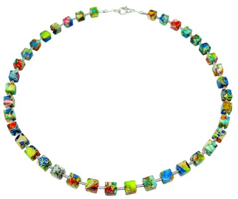 Halskette, Kette, Collier Armband Ohrringe Schmuck Set, Würfel, Edelstein Impressions Jaspis Multicolor Mehrfarbig Bunt