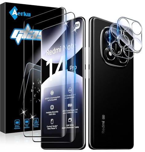 Aerku 3D Protector de Pantalla para Xiaomi Redmi Note 14 Pro 5G | 2x Cristal Templado & 2x Protector de Lente de Cámara, 9H Anti-Rayones, 0,33mm Ultrafino, HD 99,9%, Instalación Sin Burbujas