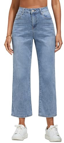 Vetinee Damen High Waist Jeans Weites Bein Stretch Baggy Straight Leg Jeanshose