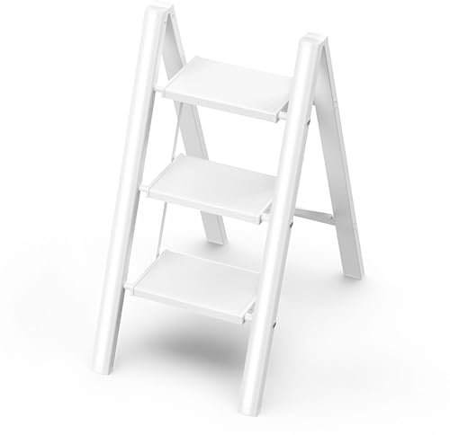 GameGem Scala a 3 gradini, sgabello pieghevole con ampio pedale antiscivolo, materiale in alluminio leggero ma robusto, carico 150 kg, aspetto moderno carino per spazi domestici interni, bianco