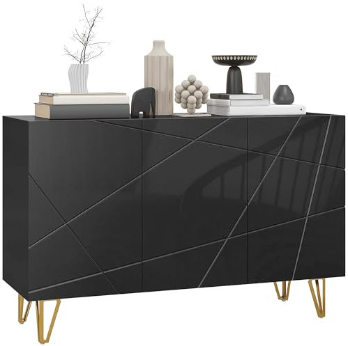 HOMCOM Aparador para Salón Aparador de Entrada con 3 Puertas y Estantes Ajustables Armario de Almacenamiento para Cocina Sala 120x40x75 cm Negro Brillo