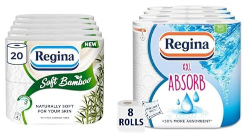 Regina Soft Bamboo - 20 Rolls of Toilet Tissue 3 Ply, 160 Sheets, Made with Bamboo Fibers, FSC Certificated + Regina XXL Absorb Kitchen Towels – 8 Rolls Per Pack, Super Absorbent, 75 Sheets Per Roll