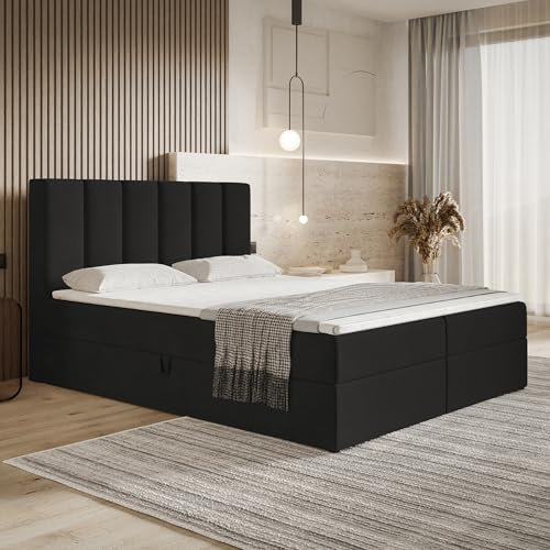 MOTIVENA Santiago Boxspringbett 180x200 mit Bettkasten und Topper, Polsterbett 180x200 mit Bettkasten, Taschenfederkern-Matratze (H3), Visco Memory-Foam Topper (H2), Samt, (Schwarz)
