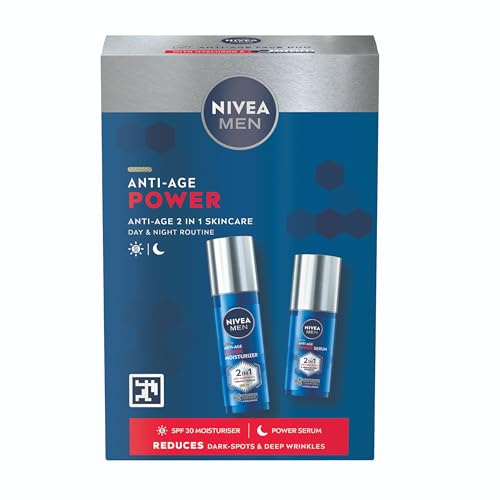 NIVEA MEN Anti-Age Power Gift Set (2 Products) - Men's Gift Set - Anti-Wrinkle Skincare Duo includes Face Moisturising Day Cream and Dark Spot Reducing Face Serum