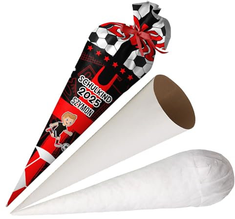 Ferocity Personalisierte Schultüte Fussball mit Namen für Jungen, 70 cm Zuckertüte aus Stoff mit runde Papprohling und Füllung aus Silikonkügelchen, große Tüte als Kissen, Model 6 [149]