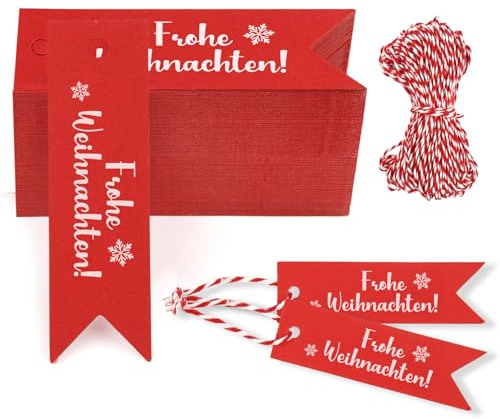 Geschenkanhänger Weihnachten, 100 Stück Weihnachtsanhänger Klein, Anhänger Weihnachten Mit Schnur, Etiketten für Flaschen, Kraftpapier Geschenk Anhänger für DIY Weihnachten Deko (Rot Weiß)