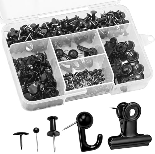 310 Piezas Chinchetas de Pared Negras, 5 Estilos con Pines de Gancho, Chincheta con Clip, Chinchetas Redondas para Corcho, Fotos, Mapas, Calendarios (Negro)