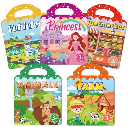 5er Sticker Books Set Kinder ab 2–4 Jahre, wiederverwendbare 3D Jelly Stickerbuch mit Mehrere Szenarien, Tragbares Beschäftigungsbuch & Reisespielzeug, Geburtstagsgeschenke für Jungen und Mädchen