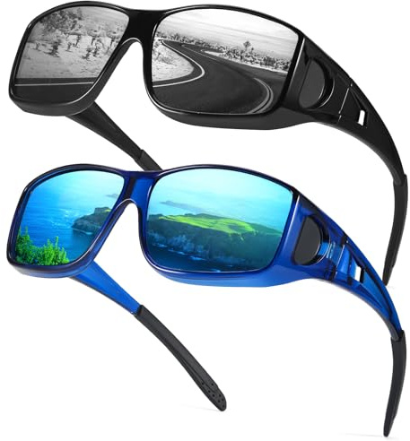 Myiaur 2er Pack Polarisierte Überzieh Sonnenbrille für Herren Damen | Rechteckige Fassung UV400 für Brillenträger Autofahren, Angeln & Outdoor