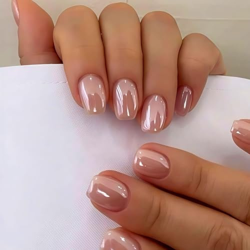 Chrome Glitter Press On Nails - Short Square Nude Pink False Nails Short Coffin with Glazed Finish, Glitter Acrylic Fake Nail, Women’s Daily & Wedding Wear - 24PCS