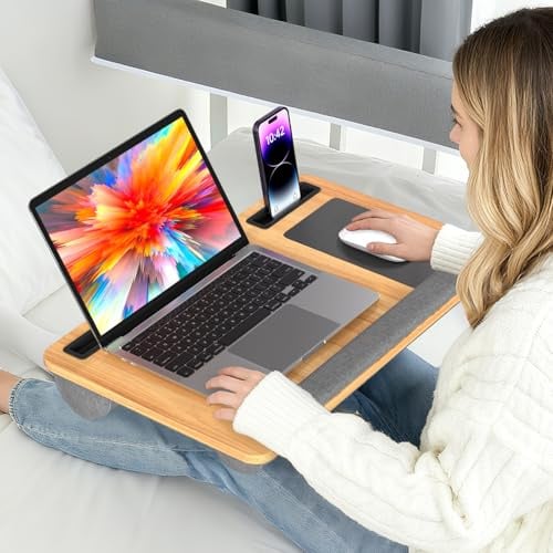 ISOISL Laptopkissen Groß & Ergonomisch bis 17 Zoll | Handgelenkauflage, Gepolsterte Unterseite, Für Bett, Sofa und Büro, Inkl. Handyhalter, Inkl. Tragergriff