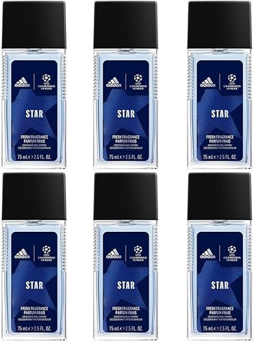 6x adidas UEFA Champions League STAR Deo Natural spray Zerstäuber Mit ätherischem Orange & Eukalyptus Aromatischer Herrenduft, Schutz gegen starkes Schwitzen und Körpergeruch 75ml (6er Pack)