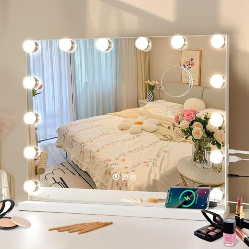 Tuocal Hollywood Schminktischspiegel mit Beleuchtung 50x42cm, 14 dimmbaren Glühbirnen und 3 Farbmodi Licht, schminkspiegel mit Beleuchtung 10X Vergrößerung Touch Steuerung mit USB für Schlafzimmer