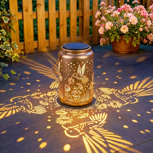 Dehobo Kolibri Solarlampen für Außen Garten Hängend für Outdoor | Solarlaterne für Außen Stehend IP65 Wasserdicht Garten Deko Bronze Metall Laterne für Terrassen, Balkon, Hof, Gartendeko