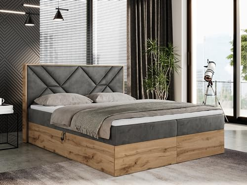 MKS MEBLE Boxspringbett 180x200 cm mit Kopfteil und Bettkasten, Polsterbett mit Mittelfest (H3) Matratze und Topper Visco, Boxspringbett mit Massivholz und Kopfstütze - Gunar - Dunkelgrau Velvet