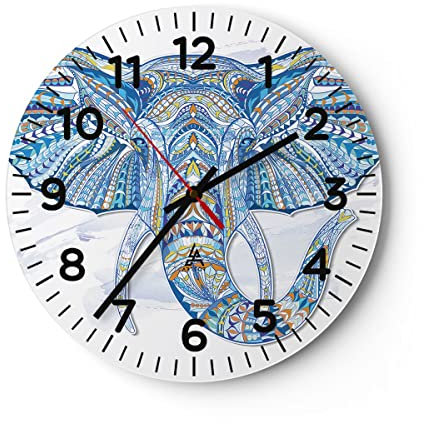 Modern Wanduhr Elefant Muster Tierwelt Afrika 30x30cm Rund Klein Wand Uhr Glas Analog Zimmeruhren Küche Büro Wohnzimmer Glasuhr Wall Clock Dekoration Design Wanddekoration Küchenuhr C4AR30x30-3089
