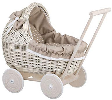 e-wicker24 Alles aus Weide Puppenwagen aus Weide mit Bettwäsche perfekte Geschenkidee Korbpuppenwagen schöner Spielzeug aus Korbgeflecht Korbwagen für Puppen Spielzeug für Mädchen (Beige 1)