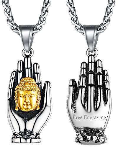 FaithHeart Edelstahl Buddha Kopf Kette mit Gravur Buddhistische Glückskette Buddha in der Hand Schmuck mit Geschenkebox für Herren und Männer