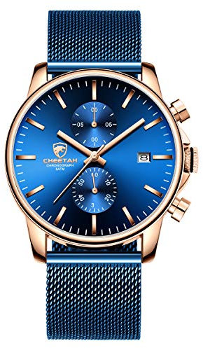 GOLDEN HOUR Montre à Quartz analogique Tendance et Minimaliste en Maille d'acier Inoxydable étanche chronographe pour Homme avec Date Automatique Or Rose Bleu