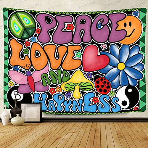 Motiv: Peace Love and Happiness,groß,203,2 x 152,4 cm,weiche Baumwolle,Pilz-Gossip Nature Sence psychedelische Wandteppiche im 70er-Jahre-Stil,Wandbehang für Schlafzimmer,Wohnzimmer,Dekoration