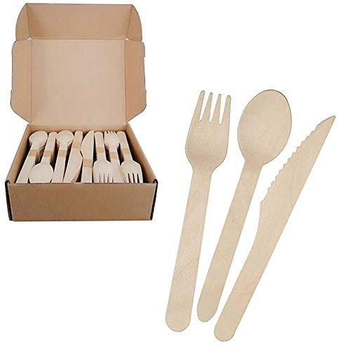 Set di posate in legno usa e getta, forchette in legno, coltelli e cucchiai, ecologici, (240 conteggi, 90 forchette, 90 cucchiai, 60 coltelli)